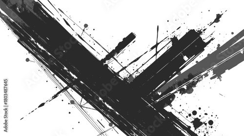 Abstract black ink brush strokes and splatters isolated on