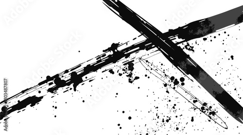 Two intersecting black ink brush strokes and splatters