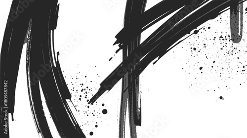 Abstract black ink brush strokes with splatters isolated on