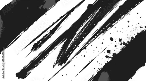 Abstract black ink brush strokes and splatters on