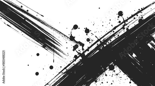 Abstract black ink brush strokes and splatters on
