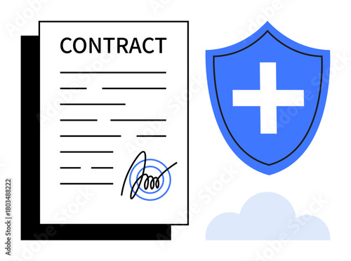 Signed contract alongside blue shield with cross symbol, signifying agreement and security. Ideal for insurance, legal protection, finance, healthcare, business contracts, data security, assurance