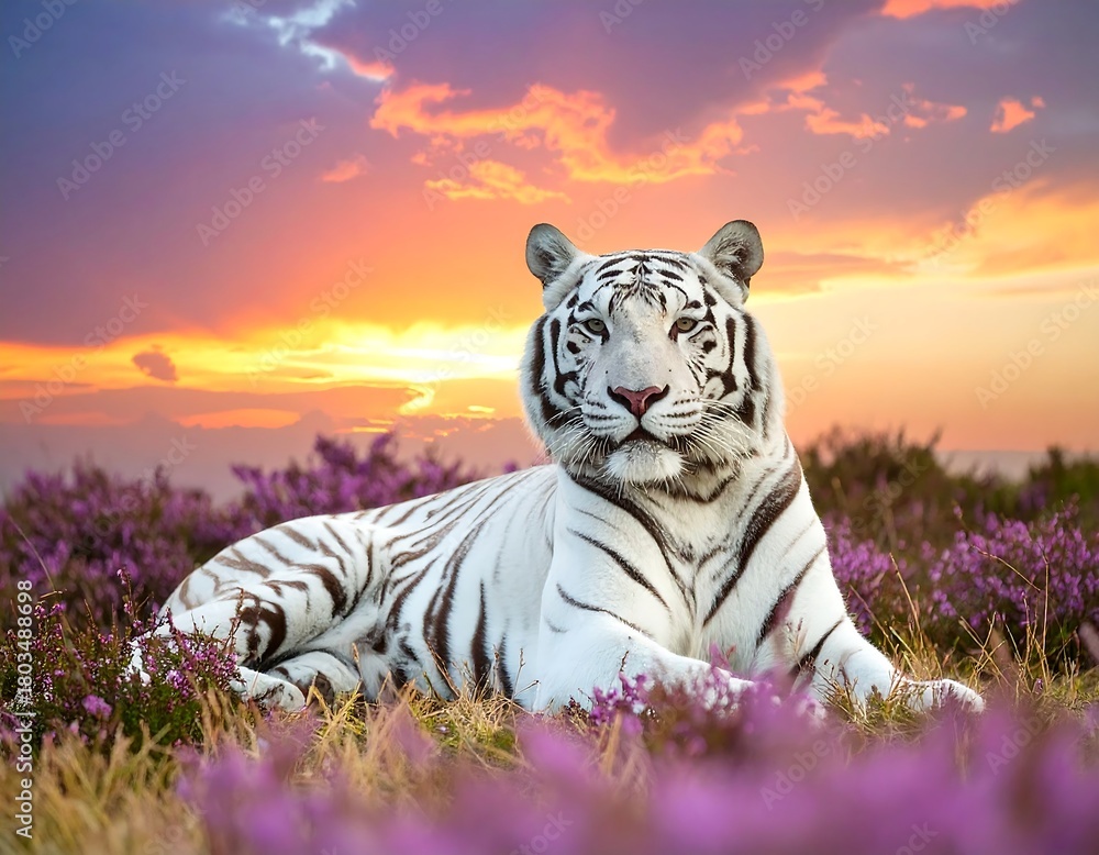 Naklejka premium A white tiger lounges amidst purple flowers with a vibrant sunset background. Its striped fur contrasts the vivid sky