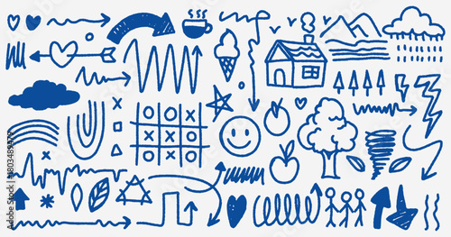 Blue hand-drawn pencil doodle vector design, scribbles and note elements. arrow vector set. pencil brush texture. pencil sketch mark underline emphasis asset. outline naive style.