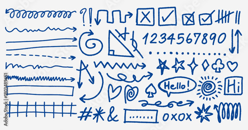 Blue hand-drawn pencil doodle vector design, scribbles and note elements. arrow vector set. pencil brush texture. pencil sketch mark underline emphasis asset. outline naive style.