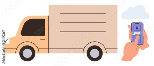 Delivery truck secured by a mobile app with a locked padlock interface, showcasing smart technology connectivity. Ideal for logistics, delivery, security, innovation, digital transformation