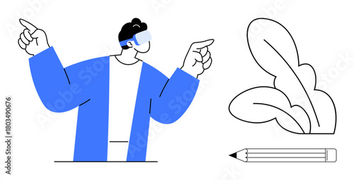 Man with virtual reality headset gesturing while standing near a leaf design and pencil. Ideal for technology, creativity, innovation, education, design, inspiration, imagination. Simple flat