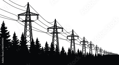 Electricity transmission towers, power lines infrastructure, forest energy grid, high voltage pylons, utility poles landscape, rural power supply, industrial energy network