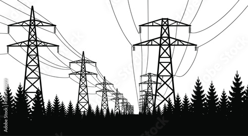 Electricity transmission towers, power grid infrastructure, high voltage pylons, energy distribution lines, silhouette landscape, forest background,