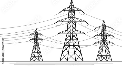 High voltage transmission towers, electricity pylons, power grid infrastructure, energy distribution lines, lattice steel structures, industrial utility poles, 