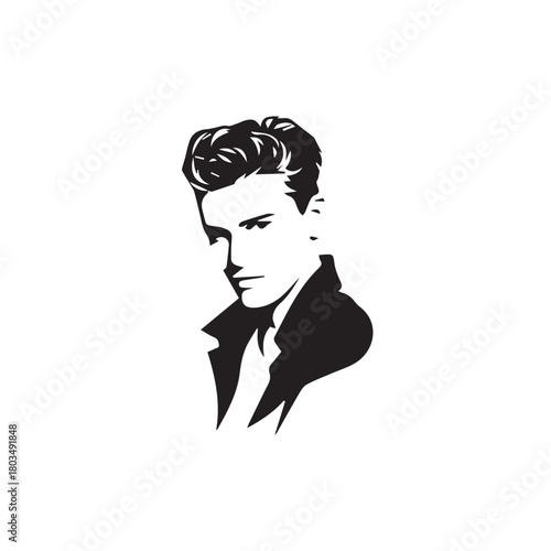 Black and White Handsome Man Illustration in Clean Vector Line Art Style on Minimal Background