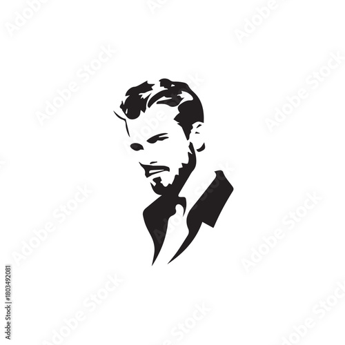 Black and White Handsome Man Illustration in Clean Vector Line Art Style on Minimal Background