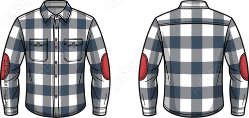 Plaid shirt, button-up shirt, long sleeve, elbow patch, fashion flat sketch, garment design, technical illustration, menswear template, apparel vector, clothing mockup