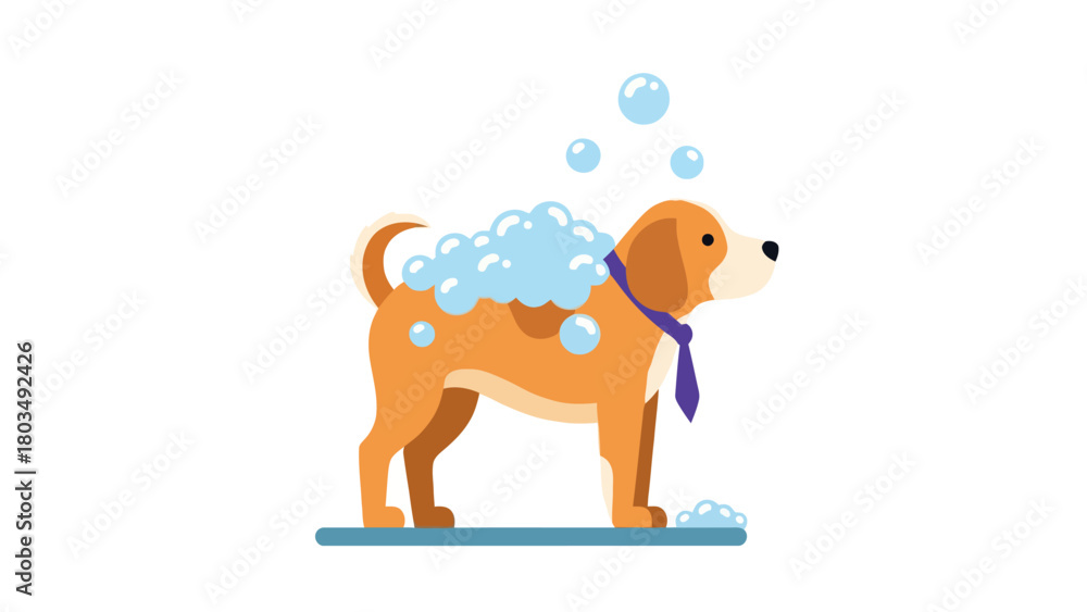 Obraz premium A brown and white dog covered in blue suds and bubbles wearing a purple tie stands on a blue mat
