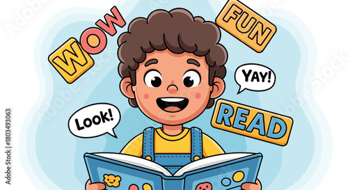 Captivating young boy happily reading an engaging book, surrounded by cheerful exclamations of joy and excitement, fostering a love for learning