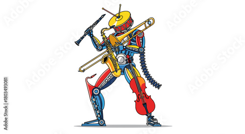 Whimsical musical robot plays clarinet, trombone, saxophone, drums, and cello, a colorful futuristic musician perfect for entertainment or technology concepts
