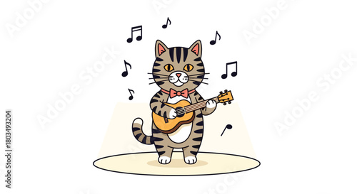 Adorable cartoon cat serenades with ukulele and bow tie, musical notes dance around, perfect for children's book illustration or playful design project