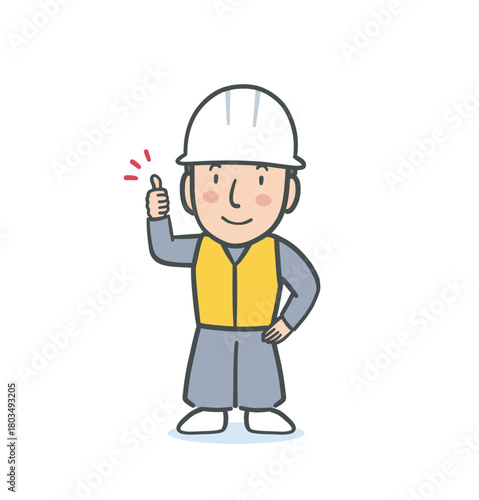 笑顔でいいねポーズをする作業服を着た白いヘルメットの男性のイラスト素材