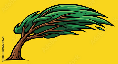 Dynamic tree bending in strong wind, an animated nature element evoking resilience, perfect for weather illustrations and nature-related designs with stylized leaves