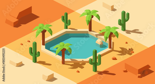 Charming desert oasis with refreshing pool and swaying palm trees, perfect for travel and summer vibes, originally created as a scalable vector graphic