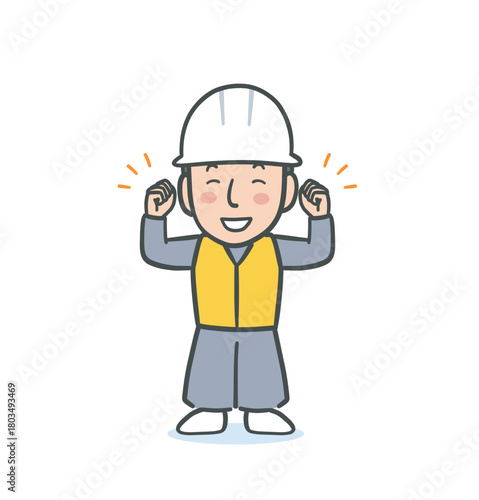 作業服を着てガッツポーズをする白いヘルメットの男性のイラスト素材