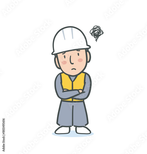 白いヘルメットを被って作業服を着た困り顔の男性のイラスト素材