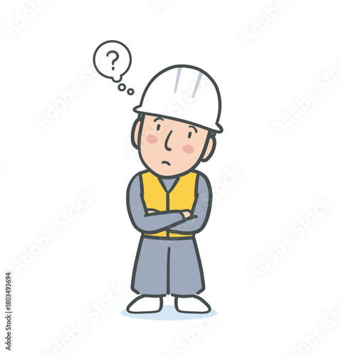 疑問を感じる白いヘルメットを被って作業服を着た土木作業員のイラスト素材