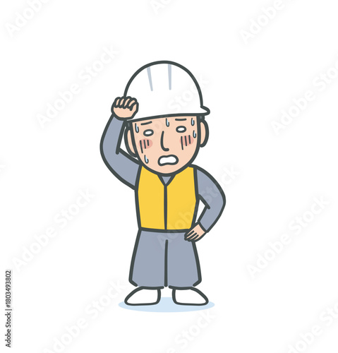 ヘルメットを被って汗をかいている男性作業員のイラスト素材