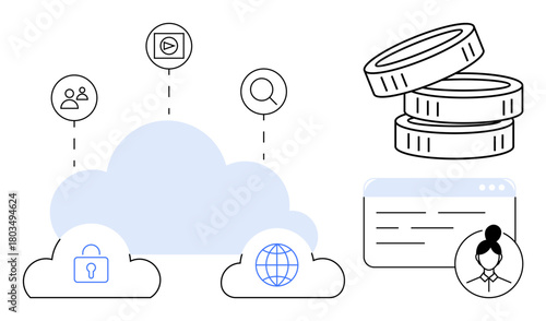 Cloud with icons for security, global access, media, and search connected to coins, user profile, and browser. Ideal for cloud storage, security, technology finance web service data analysis