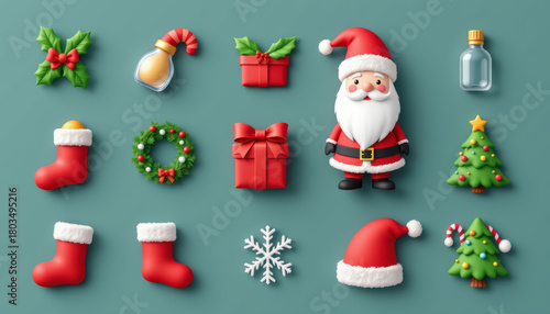 Santa Claus Christmas icon festive holiday winter decoration toy gift ribbon wreath stocking snowflake tree