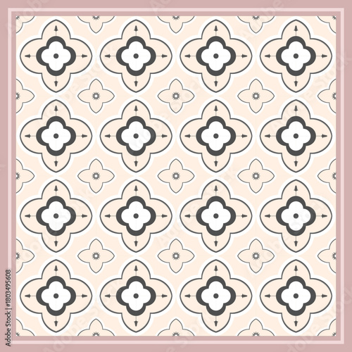 A seamless pattern of white flowers with gray edges on a soft beige-cream-light yellow blush background. Pastel tones with a Moroccan touch create a sweet, luxurious, and refined look.