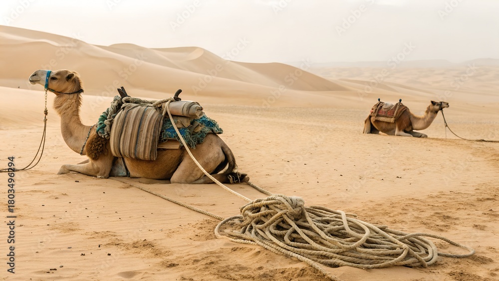 Fototapeta premium Two Camels Resting on Sand Dunes Under a Bright Sky in a Desert Landscape