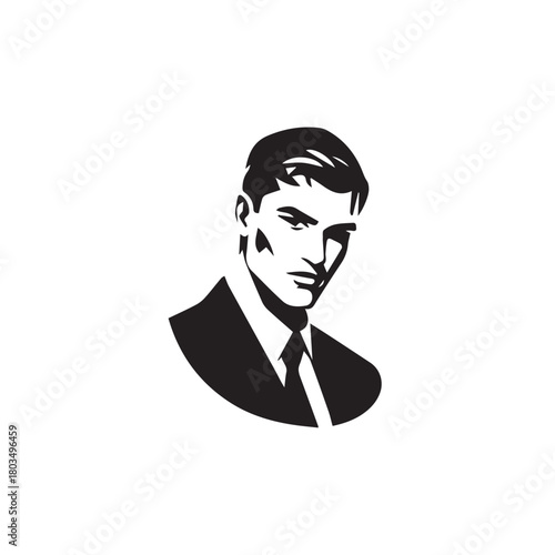 Black and White Handsome Man Illustration in Clean Vector Line Art Style on Minimal Background