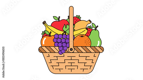 A light brown woven fruit basket overflowing with assorted colorful fruits