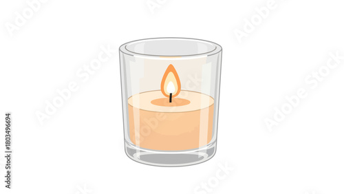 A lit orange candle in a clear glass holder centered on a white background featuring a vibrant flame