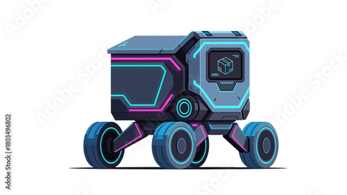 A pixelart futuristic delivery rover with neon pink and blue glowing lines six wheels and a screen showing a package icon