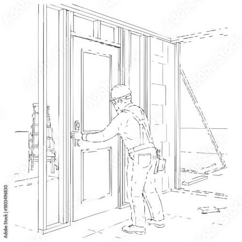 A construction worker in a hard hat opens a door on a partially built structure, illustrating the process of home building and renovation.