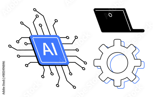 AI chip with circuits, a gear, and a laptop. Ideal for machine learning, technology, automation, innovation, artificial intelligence software development and digital systems. Simple flat metaphor