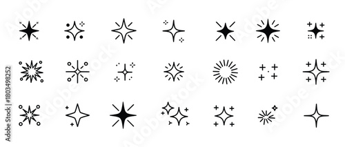 Magic light twinkle star illustrations in sketch doodle style, featuring glitter bursts, spark outlines, glowing sparkles, and celestial shine icons — ideal for posters, branding, and whimsical graphi
