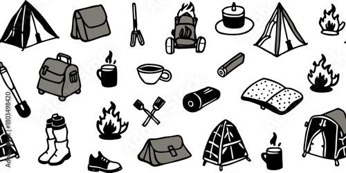 A collection of camping-themed objects arranged in a seemingly random pattern against a transparent background. The image showcases watercolor-style illustrations of essential camping gear. Multiple b