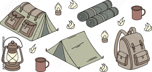 A collection of camping-themed objects arranged in a seemingly random pattern against a transparent background. The image showcases watercolor-style illustrations of essential camping gear. Multiple b