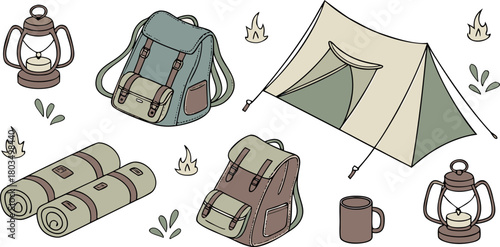 A collection of camping-themed objects arranged in a seemingly random pattern against a transparent background. The image showcases watercolor-style illustrations of essential camping gear. Multiple b
