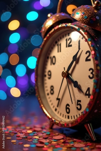 Vintage alarm clock with bokeh lights and confetti