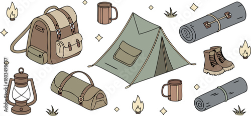 A collection of camping-themed objects arranged in a seemingly random pattern against a transparent background. The image showcases watercolor-style illustrations of essential camping gear. Multiple b