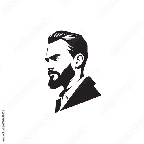 Black and White Handsome Man Illustration in Clean Vector Line Art Style on Minimal Background