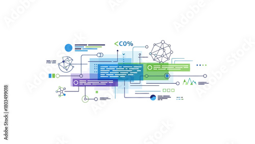 Abstract digital interface with interconnected data elements charts and text blocks in blue green and purple