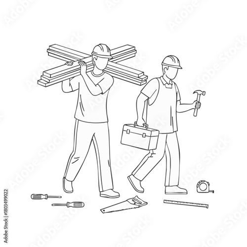 Two construction workers are carrying wood and tools, illustrating teamwork and the building process in a detailed line art drawing.
