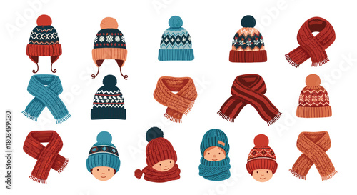 A cheerful collection of knitted winter hats and cozy scarves in various designs and colors, perfect for children and adults staying warm in cold weather.