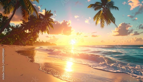 Fototapeta Naklejka Na Ścianę i Meble -  A vibrant sunrise over a tropical beach. Golden light reflects on the water, palm trees frame the scene with gentle waves