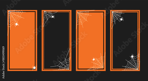 Halloween-themed rectangular frames featuring intricate spider webs and small white spiders, set against alternating orange and black backgrounds, perfect for spooky design elements and borders.